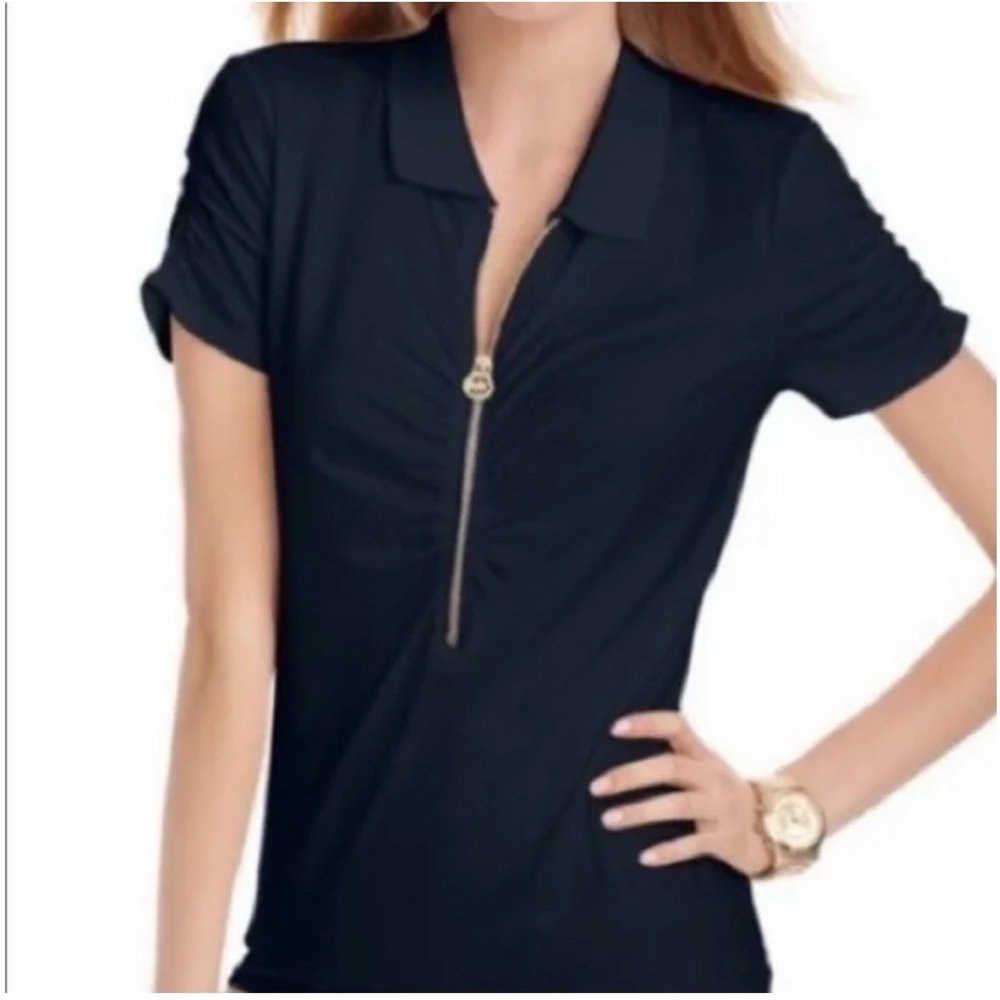 #242 Michael Kors Black Short Sleeve Zip-Up Tee with roguing on the sides